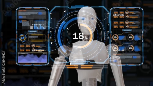 High technology AI robot using a futuristic HUD interface to monitor advanced information, analytics, and system metrics, representing intelligent assistance, digital innovation, automation, and the f