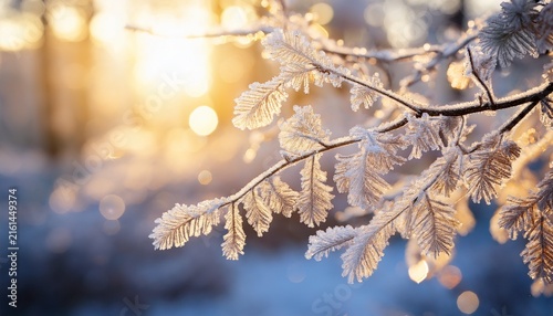close up of frosted tree branches with bright sunlight and bokeh background