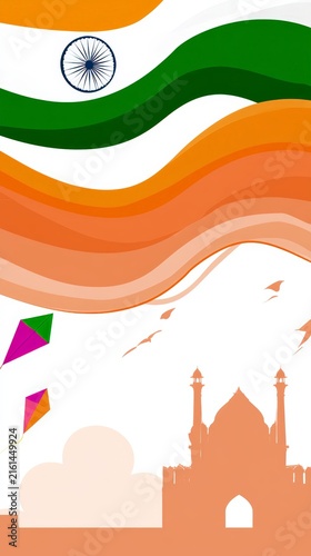 Wavy indian flag illustration with kites and monument silhouette for independence day poster background and festive banner design