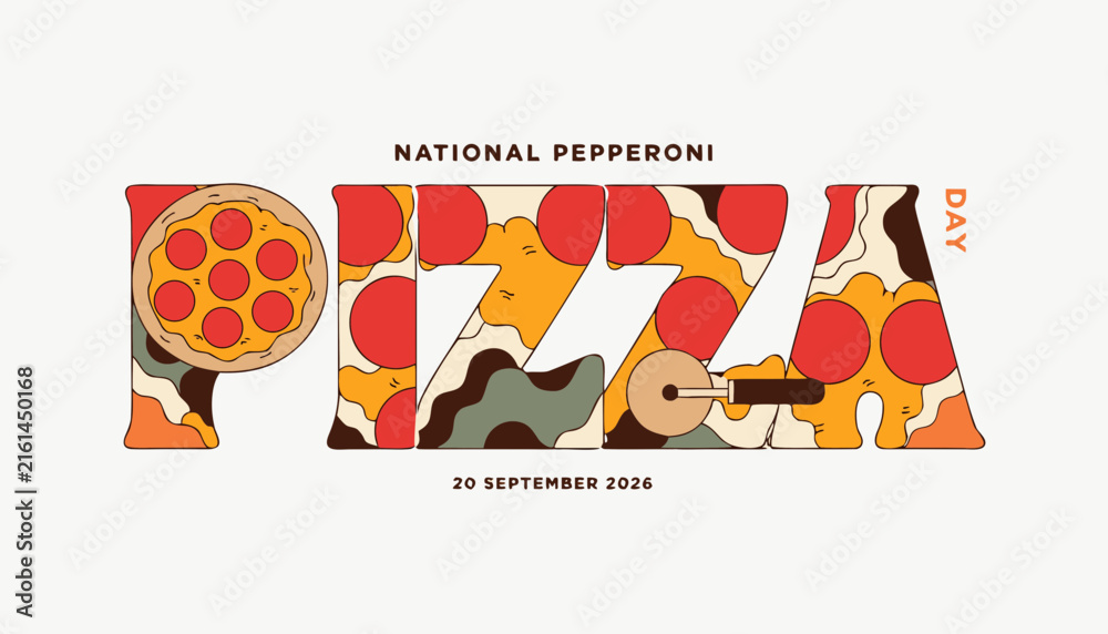 Fototapeta premium Colorful pepperoni pizza day typography design with delicious food graphic elements