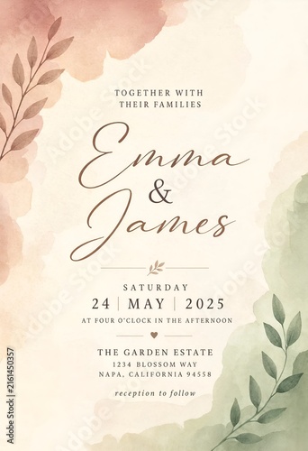 Elegant watercolor wedding invitation for Emma and James on May 24 2025