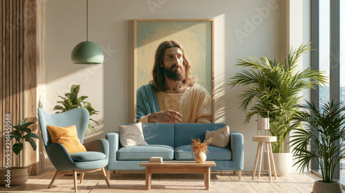 Modern living space featuring an artistic representation of a spiritual figure surrounded by vibrant plants
