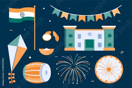 Flat india independence day celebration icon set on dark background with flag kite drum fireworks sweets and bunting for holiday banner and poster design