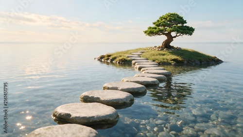 Stepping Stones Leading to a Serene Bonsai Island in the Middle of a Peaceful Calm Lake