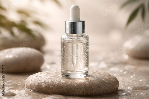 Product packaging dropper bottle standing on a wet stone  promoting natural skincare and cosmetic concepts with hydration  purity  and spa wellness themes