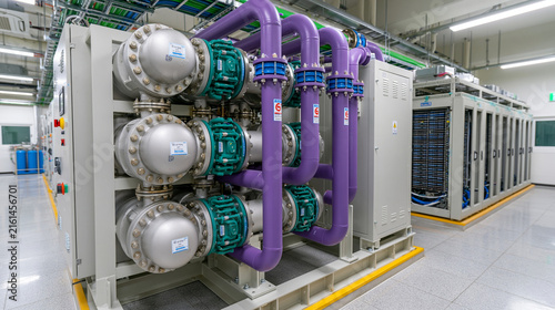 Industrial cooling infrastructure with large metal pipes and purple connectors in data center for advanced thermal management.