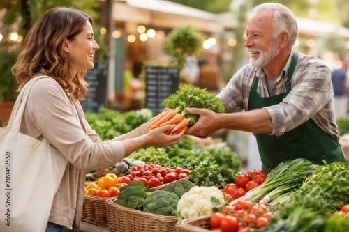 Smiling woman with a reusable bag receiving fresh carrots and leafy greens from a friendly, bearded senior vendor at a vibrant farmers market, promoting healthy eating and local commerce