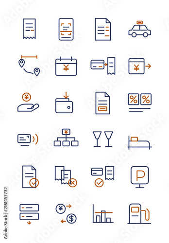 Expense reimbursement icon set: receipt scan, mileage, per diem, taxi fare, corporate card, tax invoice, cost allocation, duplicate detection, editable stroke, isolated on transparent background