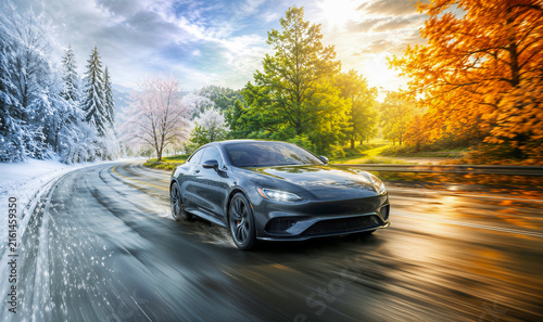 Car driving safely through winter, spring, summer and autumn scenery, symbolizing seasonal tire changes and year-round road safety.