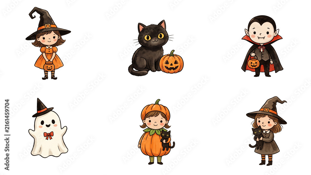 Obraz premium Cute halloween kids in costumes flat character set