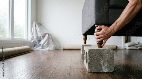 Man's Hands Elevating a Sofa with Cinder Blocks for Flood Protection