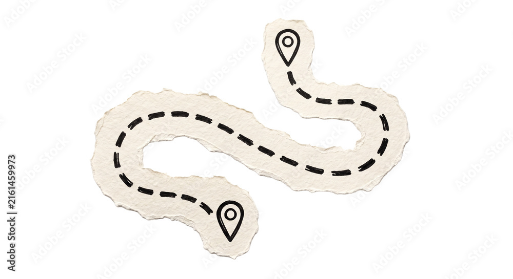 Fototapeta premium Dashed line travel route map on torn paper strip with location pins serves as navigation concept for journey planning and tourism themes.