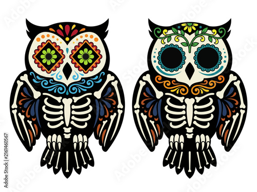 Day of the Dead Sugar Skull Owl Illustrations - Mexican Folk Art Calavera Skeletons