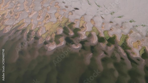 Aerial view of abstract sand patterns and flowing Danube River during low river levels	and drought
