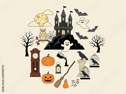 Halloween Spooky Icon Set Illustration with Haunted Castle, Pumpkins, and Ghosts