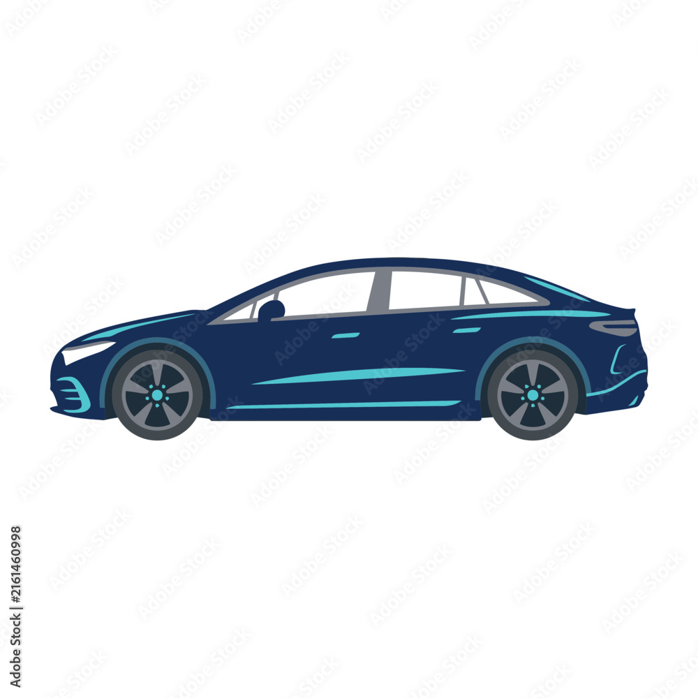 Fototapeta premium Modern blue electric sedan side view.