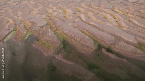 Aerial view of abstract sand patterns and flowing Danube River during low river levels	and drought
