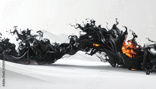 Abstract Black Ink Flow with Orange Highlight on White Background.