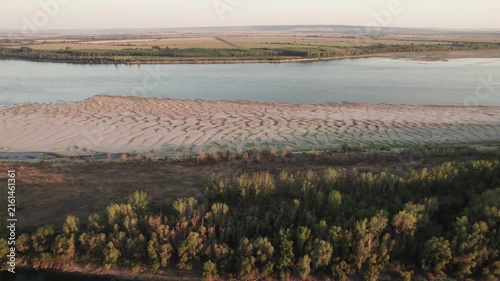 Aerial panorama of exposed Danube sandbanks and shallow water between Romania and bulgaria