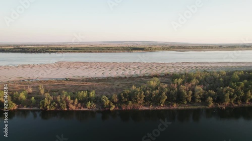 Aerial panorama of exposed Danube sandbanks and shallow water between Romania and bulgaria