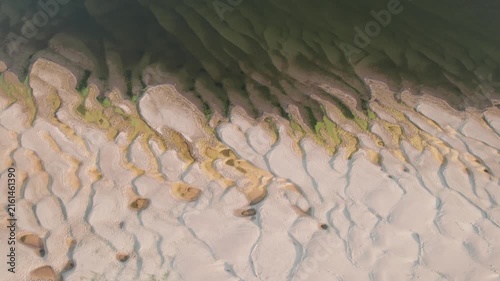 Aerial view of abstract sand patterns and flowing Danube water during low river levels
