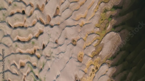 Aerial view of abstract sand patterns and flowing Danube River during low river levels	and drought
