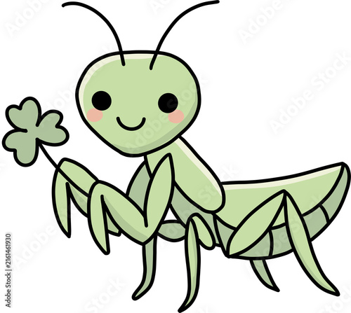 Fotografie Cute praying mantis character holding a lucky four-leaf clover, vector graphic