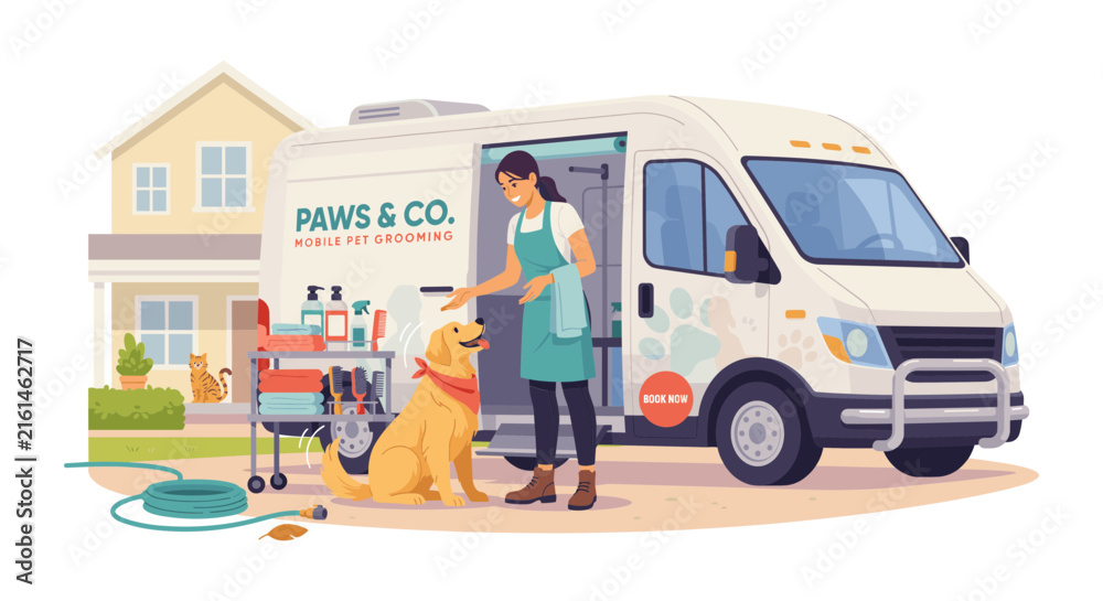 Obraz premium A mobile pet grooming van with a groomer and golden retriever stands outside a suburban home petcare vehicle transport