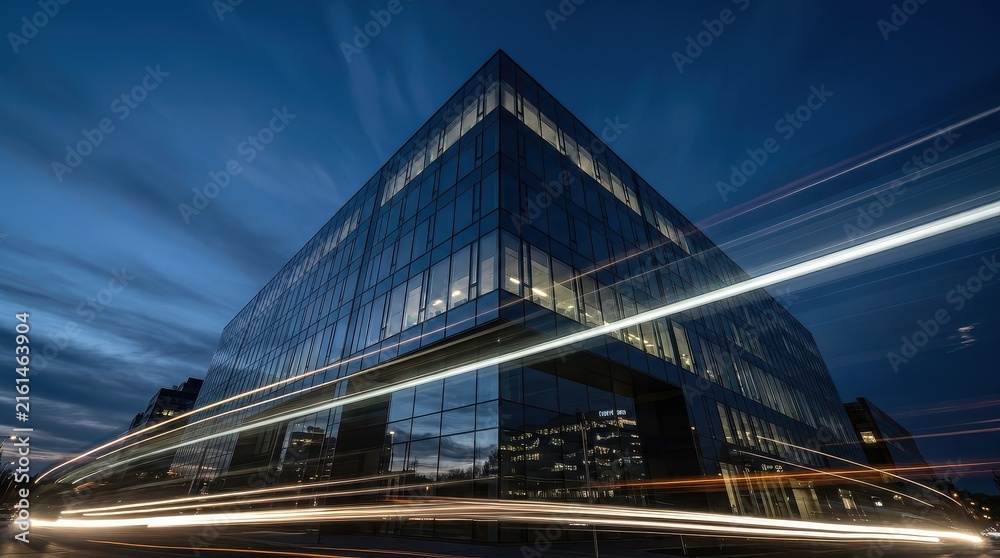 Naklejka premium Modern Skyscraper Corner at Dusk with Car Light Trails