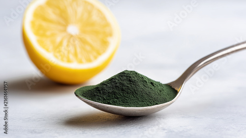 Macro close-up of spirulina powder in a silver spoon next to a fresh lemon slice on a light gray surface, highlighting vibrant colors and textures