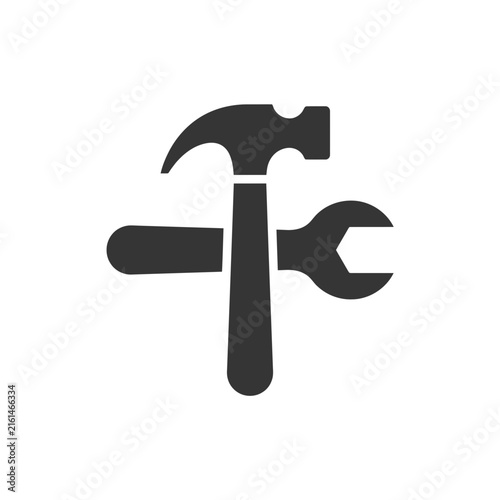 Vertical hammer and horizontal wrench industrial tool icon design.