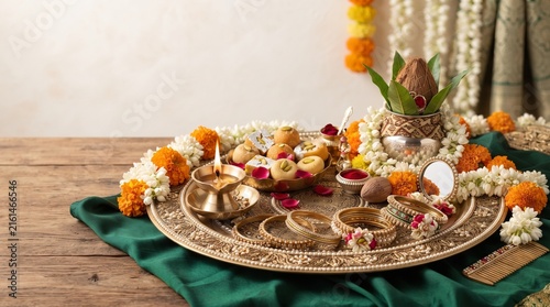 Kajari Teej Puja Thali on Wooden Table with Diyas, Sweets and Marigold Decor in Traditional Hindu Festival Setup