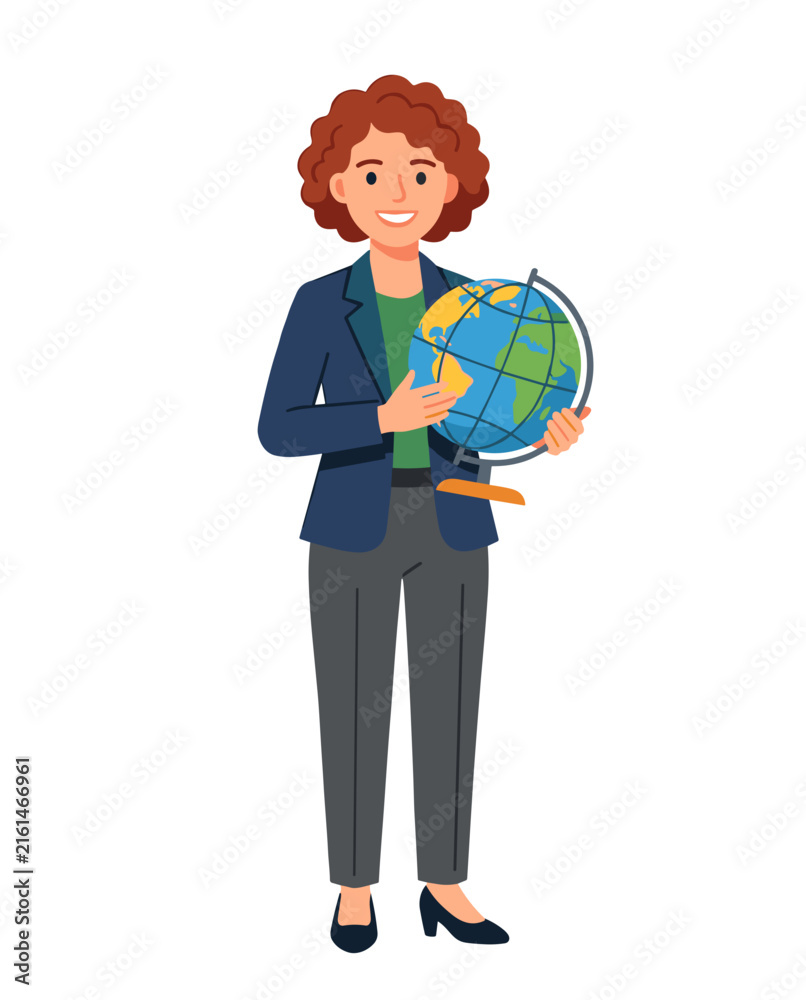 Fototapeta premium Inspiring teacher smiling while holding globe for world teachers day, education concept and global appreciation atmosphere