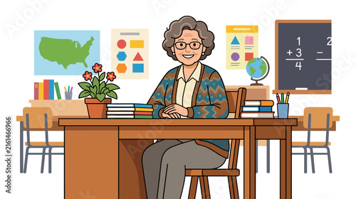 Kind elderly teacher smiling warmly while sitting at teacher desk in classroom with books and board, education concept and wisdom atmosphere