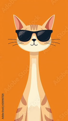 Cute vector illustration of a cool cat wearing sunglasses with a long neck against an orange background