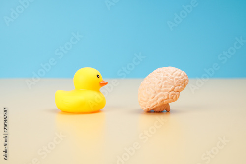 Yellow rubber duck beside a human brain model on blue background, representing curiosity, learning, playful thinking, cognitive development, intelligence and creative ideas.