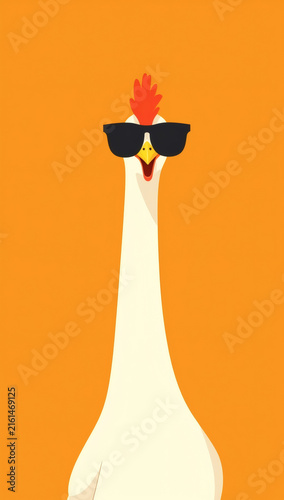 A charming and humorous illustration depicting a cool, long-necked chicken confidently wearing stylish black sunglasses, set against a vibrant orange backdrop, perfect for playful designs