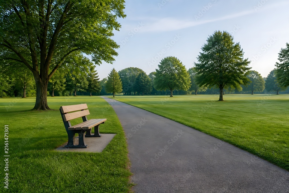 Fototapeta premium Park pathway with a bench under green trees