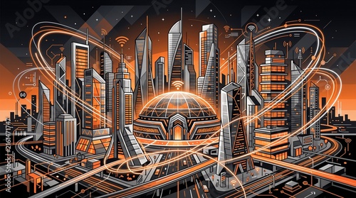 Futuristic city with sleek skyscrapers glowing orange and gold, central dome emitting bright light, dynamic curved energy trails, modern roads and geometric buildings, advanced metropolis.