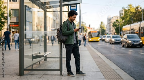 Young Man Using Smartphone in Urban Setting During Daytime Commute