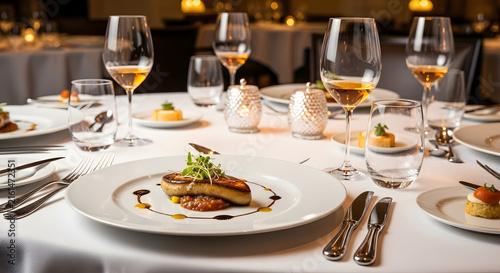 Elegant restaurant table setting with gourmet food and wine glasses