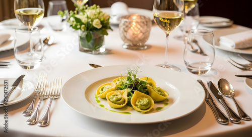 Elegant restaurant table setting with pasta dish and wine glasses