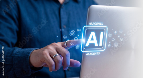 Obraz na płótnie Person interacting with a laptop displaying artificial intelligence agents
