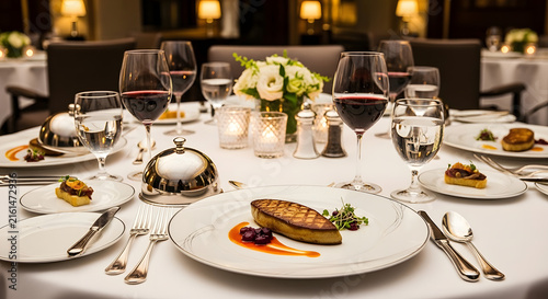 Elegant restaurant table setting with wine glasses and gourmet food presentation