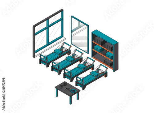 Isometric 3D Illustration of a Pilates Studio Interior with Reformer Machines, Mirror and Equipment Shelving — Boutique Fitness Vector Illustration