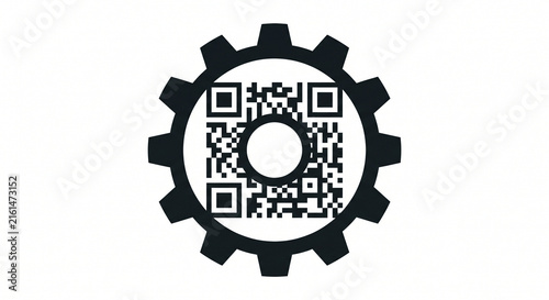 Gear wheel icon enclosing a QR code highlights digital manufacturing and technology.