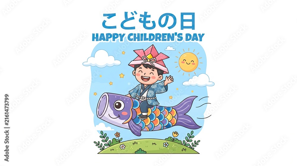 Fototapeta premium Japanese Children Day Celebration Vector Illustration With Boy Riding Carp Streamer Banner Design