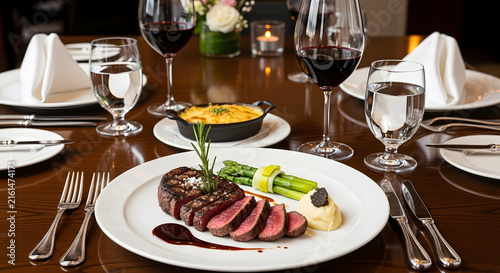 Elegant steak dinner setting with wine glasses and gourmet food on a table