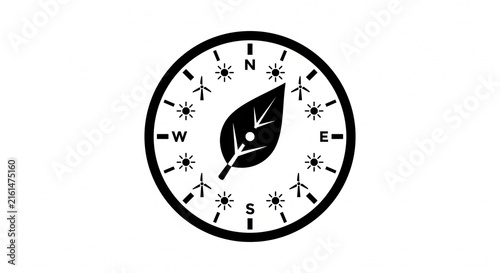 Environmental compass icon features a leaf center surrounded by renewable energy symbols on a white backdrop.