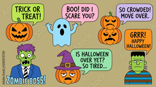Funny Halloween Cartoon Characters with Humorous Speech Bubbles Vector Set